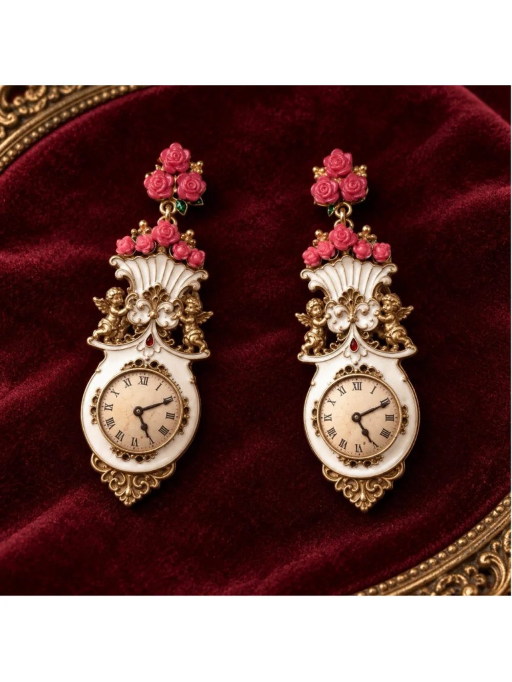 Antique VTG Clock Angel Rose Earrings Flower Cherub Gold Baroque Museum Scroll